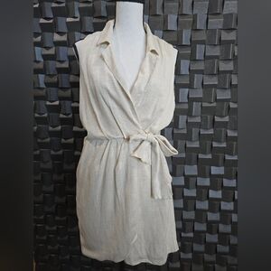 Anthropologie Beige mini Wrap Dress Size M linen blend cut out